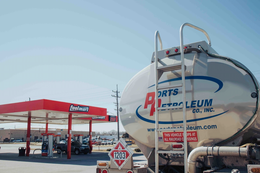 A Ports Petroleum fuel truck outside of a Fuel Mart location